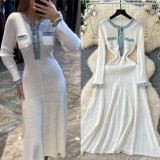 Women Fall/Winter Round Neck Denim Patchwork Long-Sleeved Knitting Dress