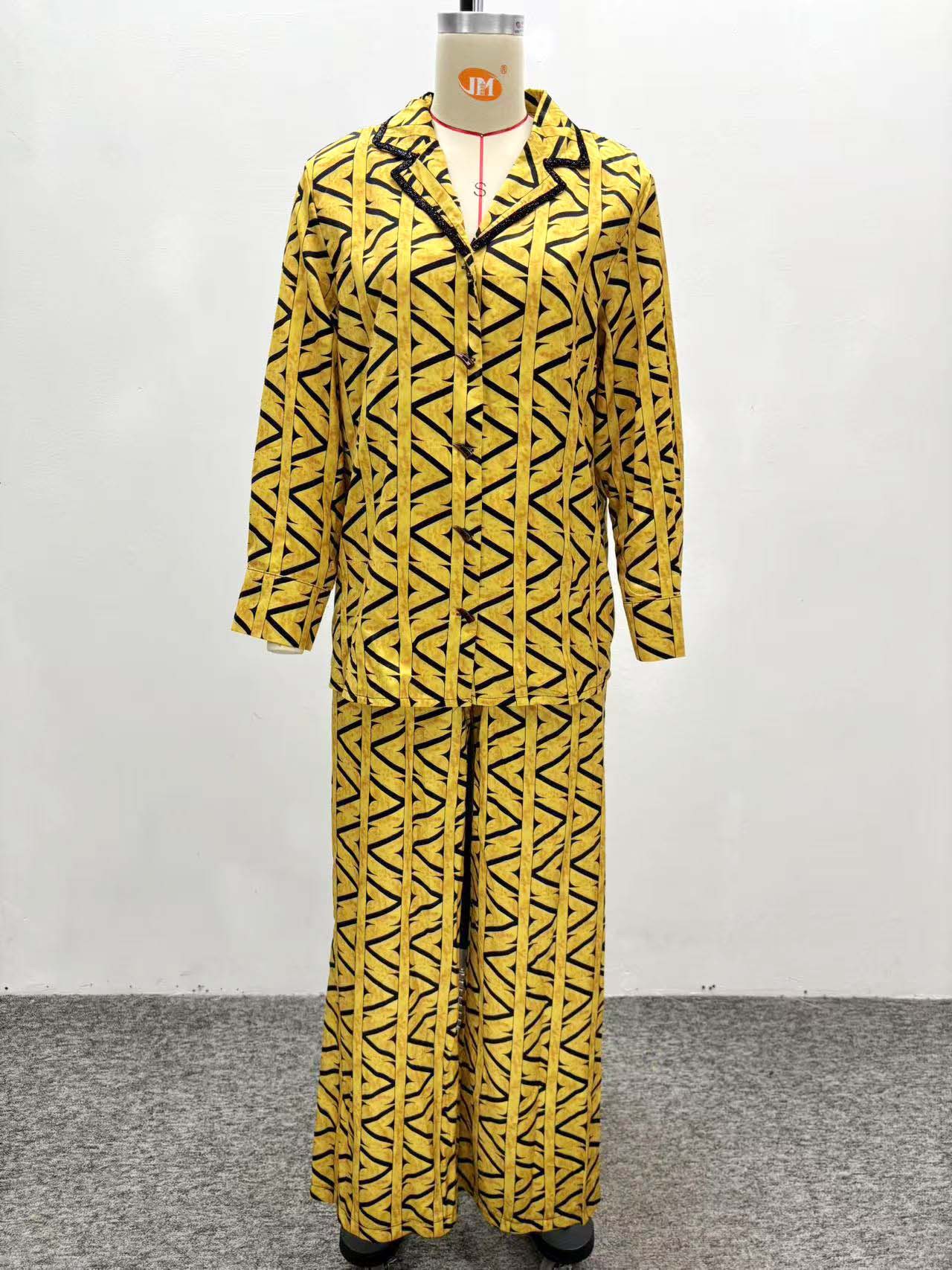 Plus Size African Women Casual Long-Sleeved Printed Shirt and Wide-Leg Pants Two-Piece Set