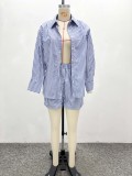 Women African Long-Sleeved Casual Striped Cardigan Shirt and Shorts Two-Piece Set