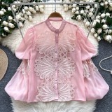 Women Stand Collar Lantern Sleeve Embroidered Openwork Lace Crop Top