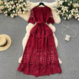 Women French-Style Short-Sleeved Openwork Lace Dress