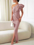 Women Slash Shoulder Ruffle Sleeve Solid Slit Dress