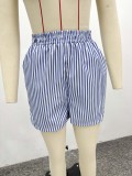 Women African Long-Sleeved Casual Striped Cardigan Shirt and Shorts Two-Piece Set
