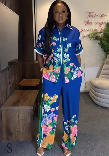 Plus-size African Women short-sleeved Turndown Collar Printed Cardigan Shirt and Casual Pants Two-Piece Set