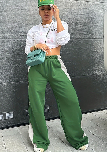 Women Autumn Casual Contrast Patchwork Wide-Leg Pants