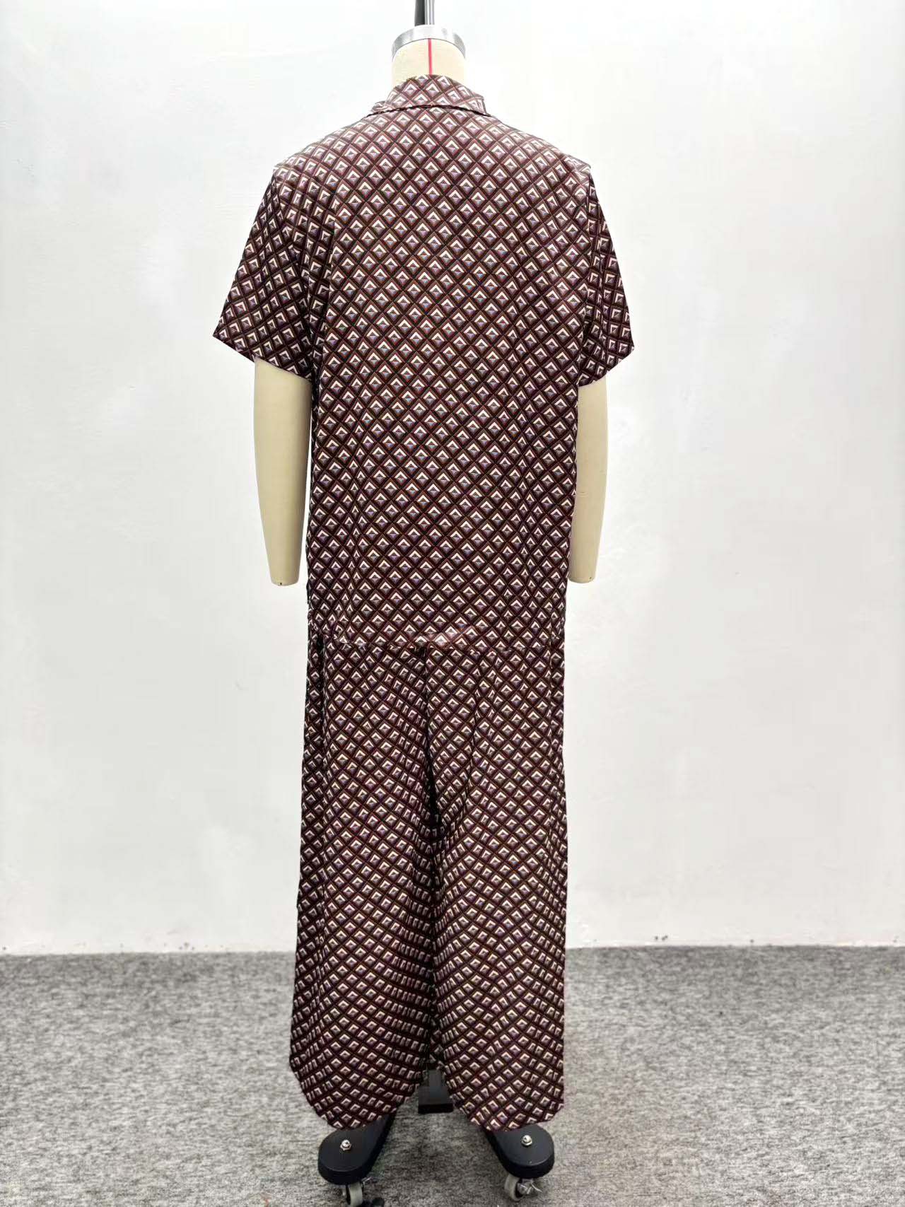 Women houndstooth short-sleeved turndown collar shirt and two-piece pants set