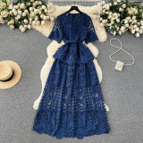 Women French-Style Short-Sleeved Openwork Lace Dress