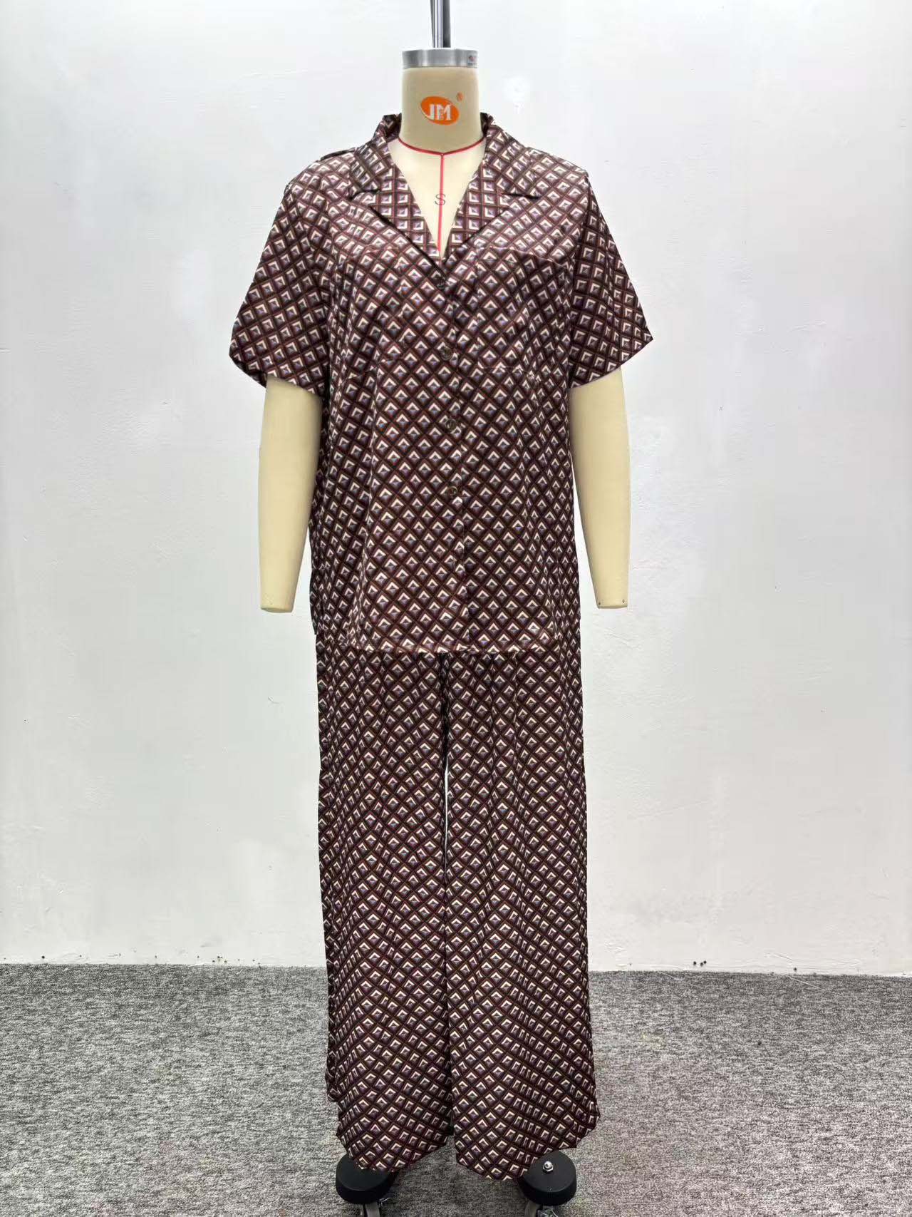 Women houndstooth short-sleeved turndown collar shirt and two-piece pants set