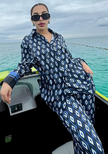 Women casual printed long-sleeved turndown collar shirt and two-piece pants set