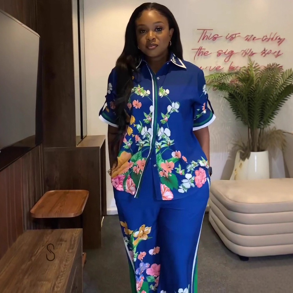 Plus-size African Women short-sleeved Turndown Collar Printed Cardigan Shirt and Casual Pants Two-Piece Set