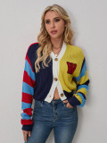Women Casual Multi-Color Letter Sweater Stripe Contrast Button Long-Sleeved Cropped Jacket