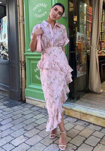 Women Printed ruffled, irregular, sexy dress