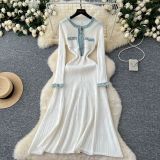 Women Fall/Winter Round Neck Denim Patchwork Long-Sleeved Knitting Dress