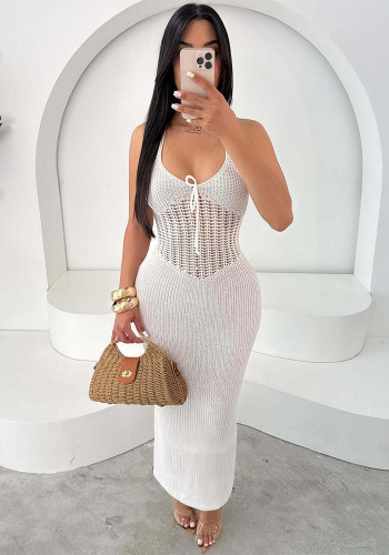 Women Halter Neck Lace-Up Knitting Patchwork Dress