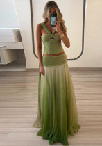 Women Summer Gradient Halter Neck Suspender Top and Skirt Two-Piece Set