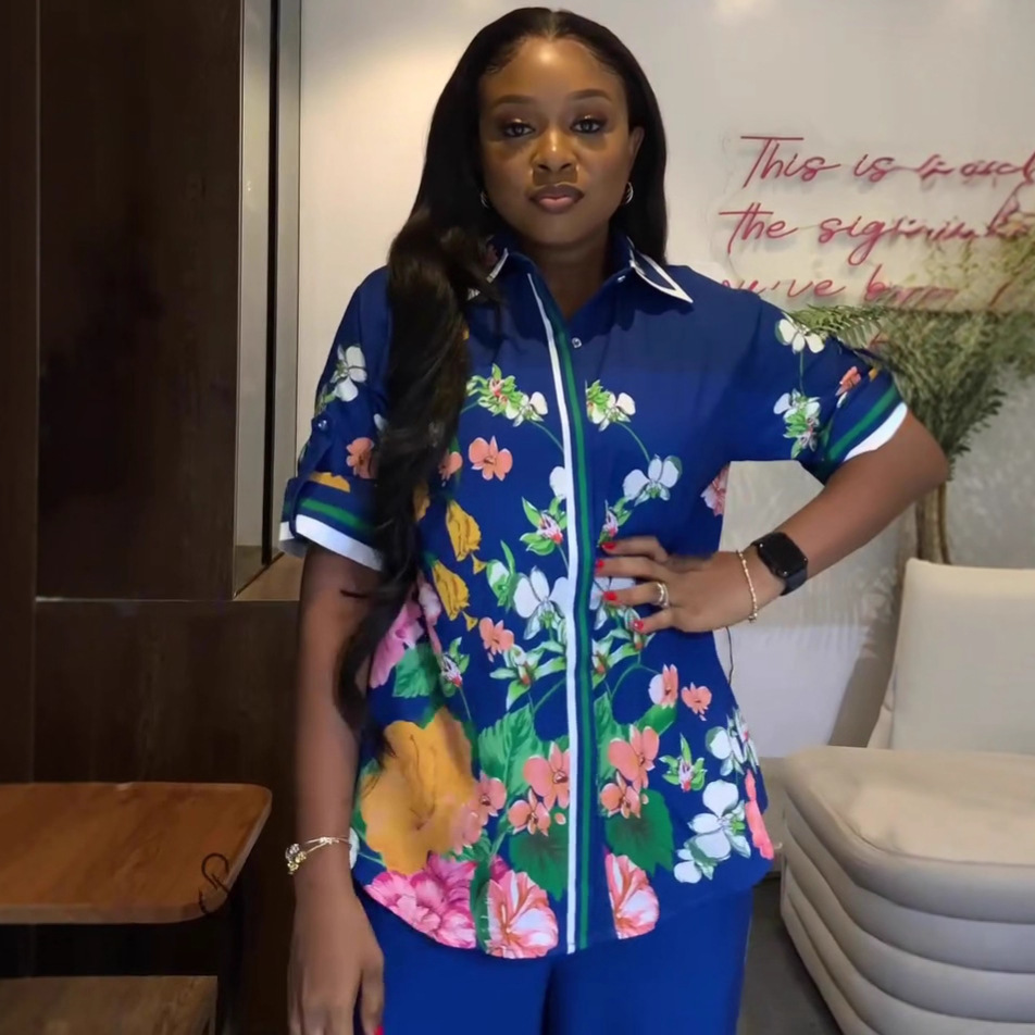 Plus-size African Women short-sleeved Turndown Collar Printed Cardigan Shirt and Casual Pants Two-Piece Set
