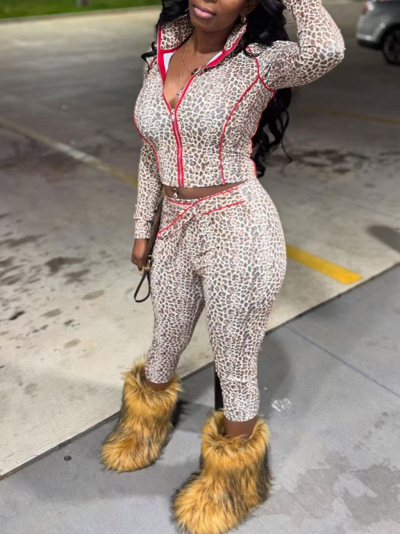 Women Bodycon Leopard Print Zippered Top and Pants Two-Piece Set
