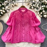 Women Stand Collar Lantern Sleeve Embroidered Openwork Lace Crop Top