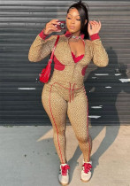 Women Leopard Print Contrast Long-Sleeved Zippered Top and Drawstring Pants Two-Piece Set