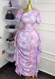 Women Puff Sleeve Slash Shoulder Printed Ruffled Dress