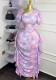 Women Puff Sleeve Slash Shoulder Printed Ruffled Dress