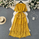 Women French-Style Short-Sleeved Openwork Lace Dress