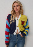 Women Casual Multi-Color Letter Sweater Stripe Contrast Button Long-Sleeved Cropped Jacket