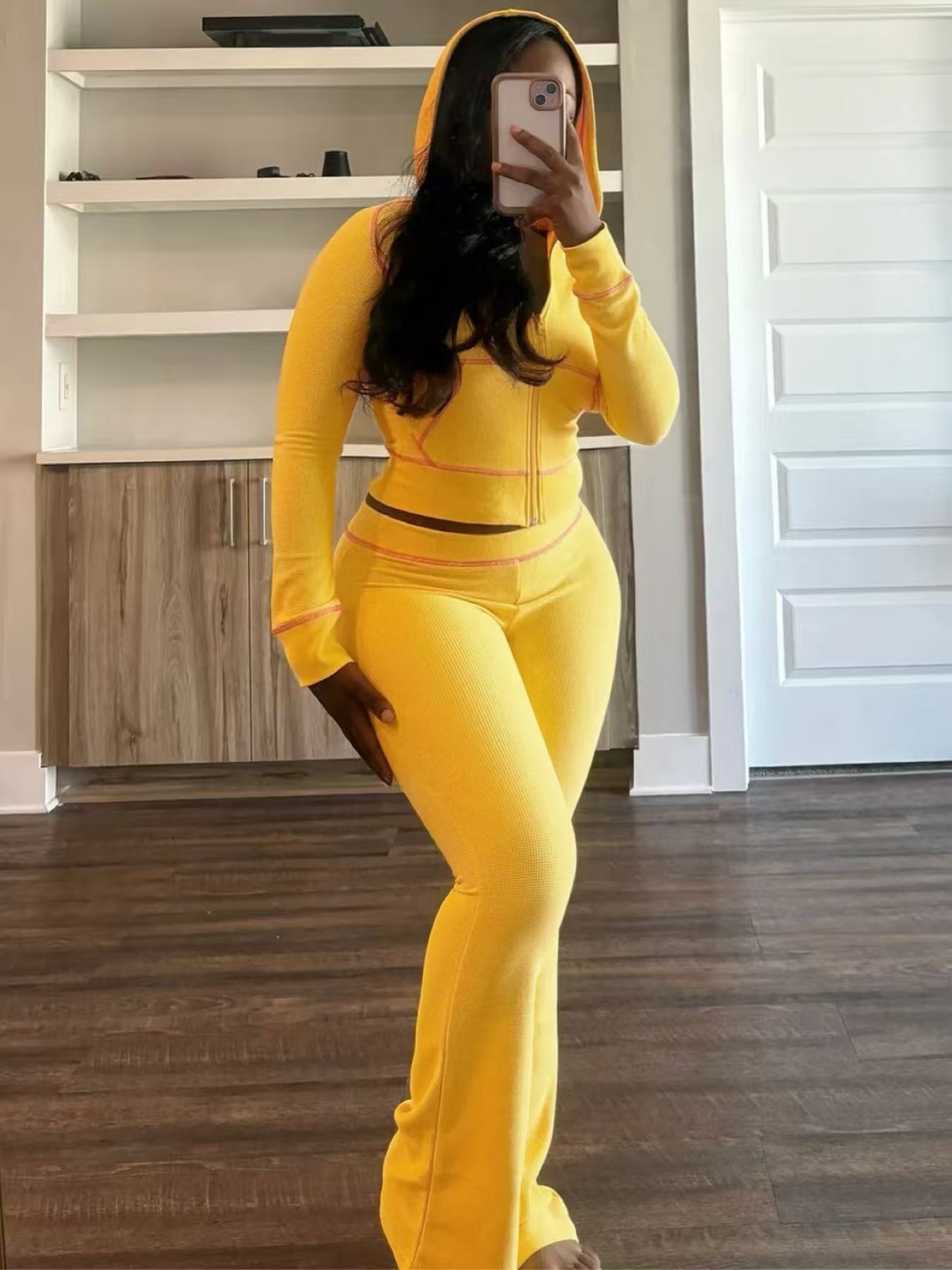 Women Casual Zippered Hooded Top and Bell Bottom Pants Two-Piece Set