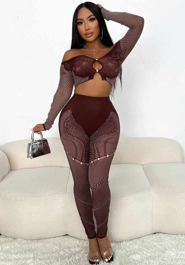 Women Solid Rhinestone Off-Shoulder Long-Sleeve Cropped Top and Pants Two-Piece Set