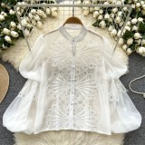 Women Stand Collar Lantern Sleeve Embroidered Openwork Lace Crop Top
