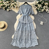 Women French-Style Short-Sleeved Openwork Lace Dress