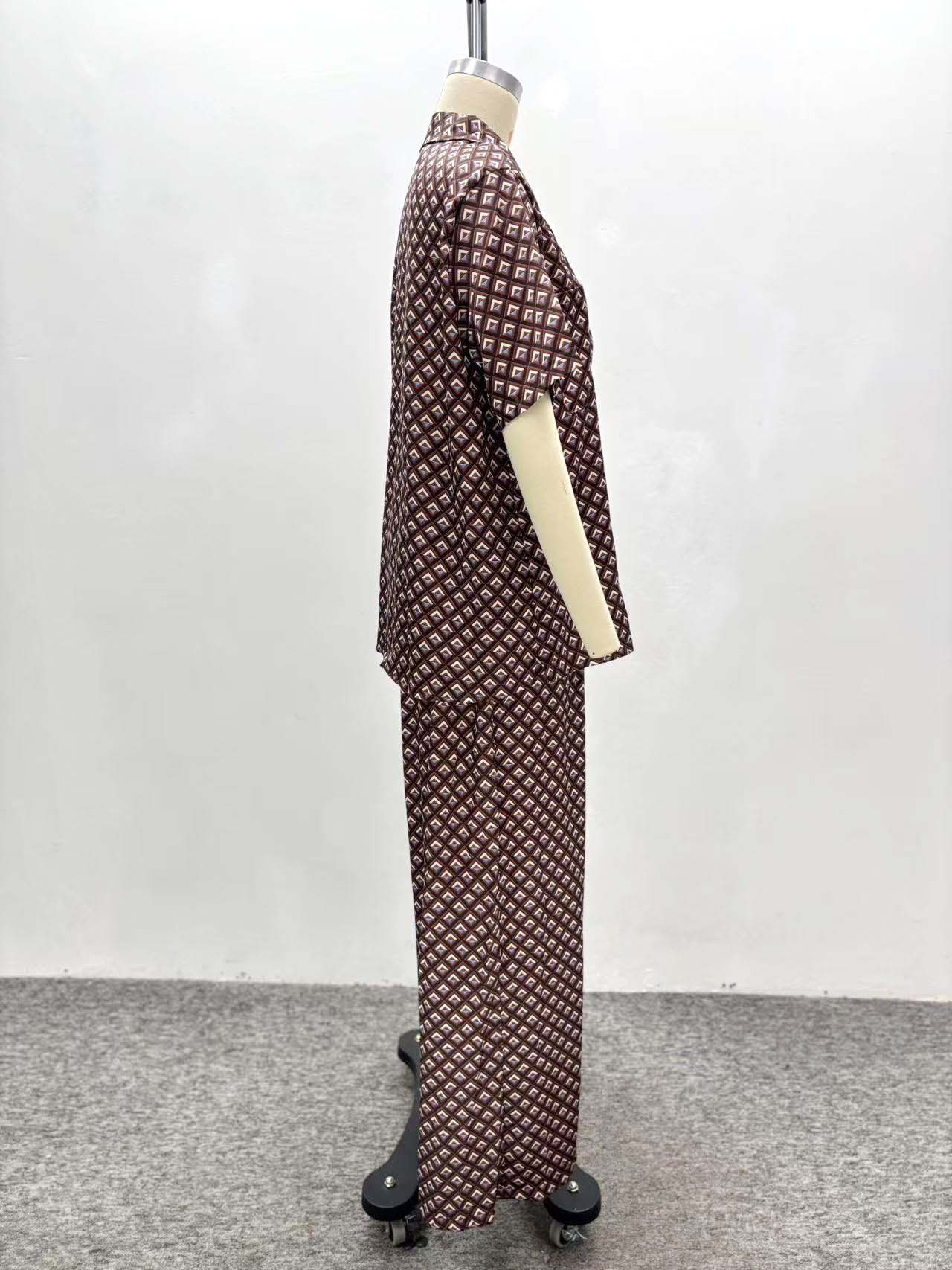 Women houndstooth short-sleeved turndown collar shirt and two-piece pants set