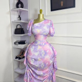 Women Puff Sleeve Slash Shoulder Printed Ruffled Dress