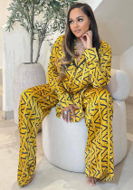Plus Size African Women Casual Long-Sleeved Printed Shirt and Wide-Leg Pants Two-Piece Set