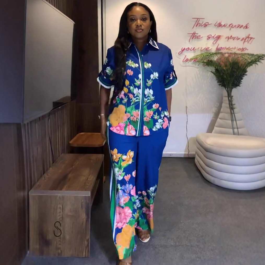 Plus-size African Women short-sleeved Turndown Collar Printed Cardigan Shirt and Casual Pants Two-Piece Set