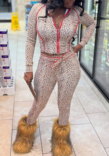 Women Bodycon Leopard Print Zippered Top and Pants Two-Piece Set