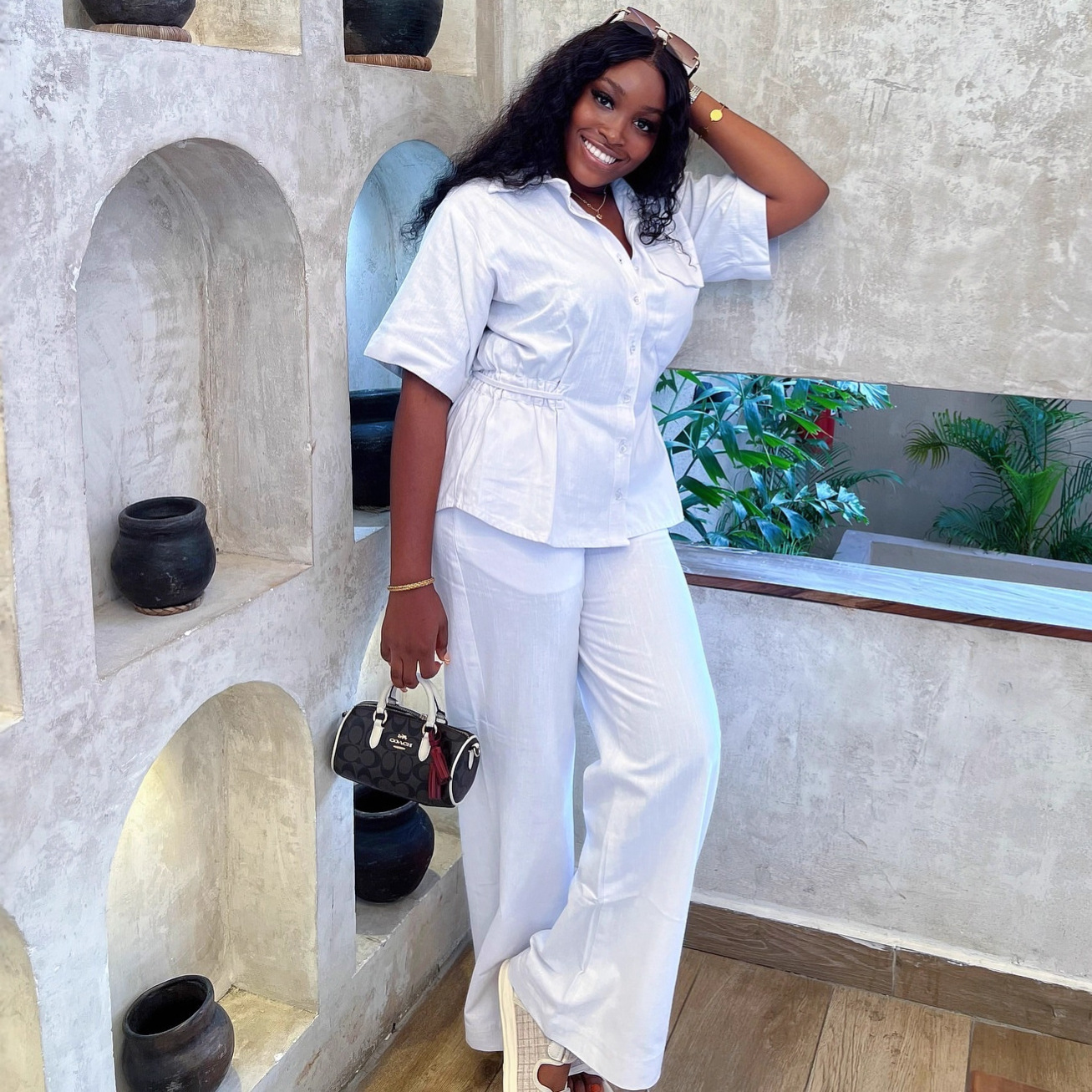 Women Solid Turndown Collar Short-Sleeved Cardigan Shirt and Casual Pants Two-Piece Set (African Trendy Two-Piece Set)