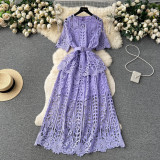 Women French-Style Short-Sleeved Openwork Lace Dress