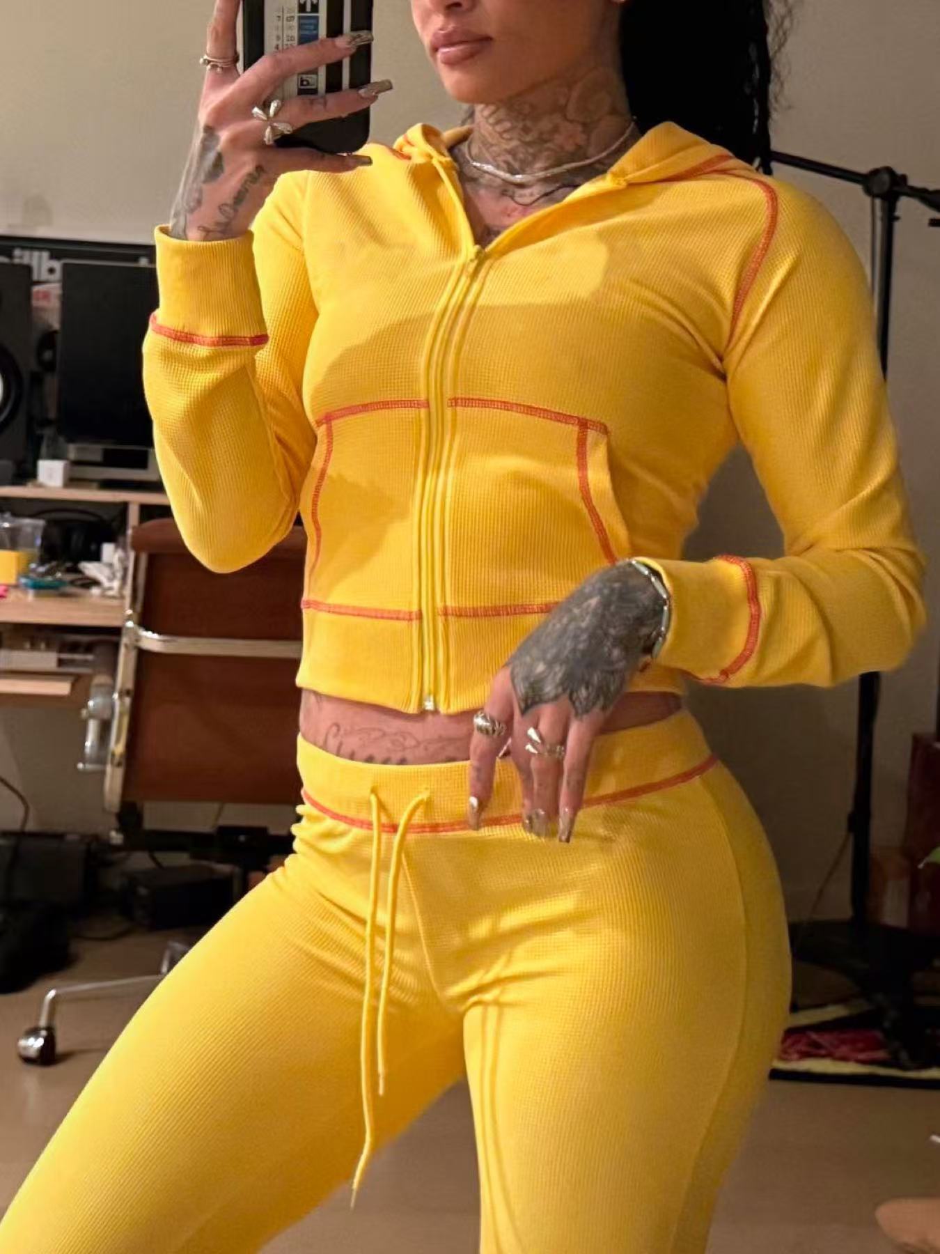 Women Casual Zippered Hooded Top and Bell Bottom Pants Two-Piece Set