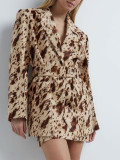 Women Fall Career Brown Printed Long-Sleeved Blazer Coat