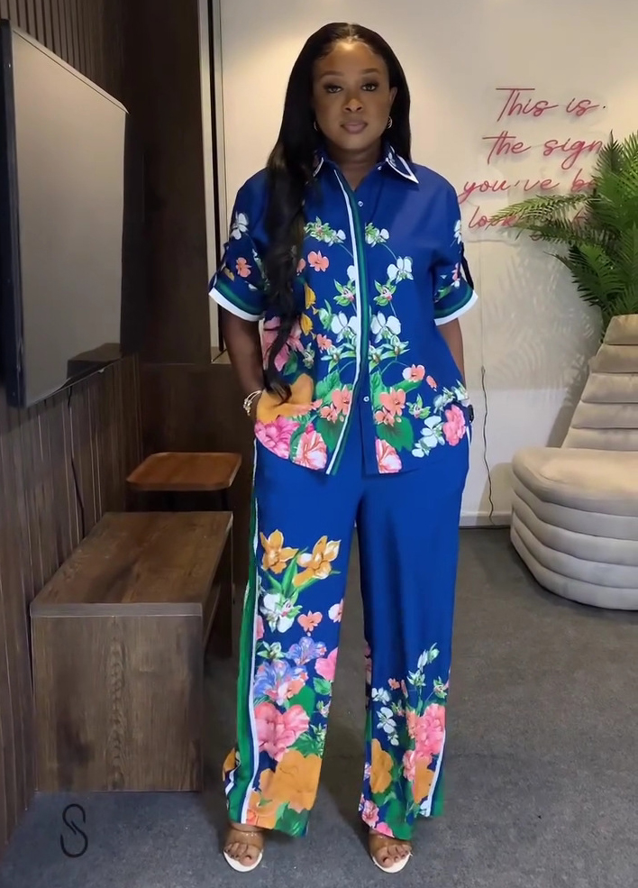Plus-size African Women short-sleeved Turndown Collar Printed Cardigan Shirt and Casual Pants Two-Piece Set