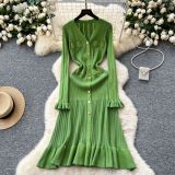 Women Fall/Winter Long-Sleeved V-Neck Ruffled Knitting Dress
