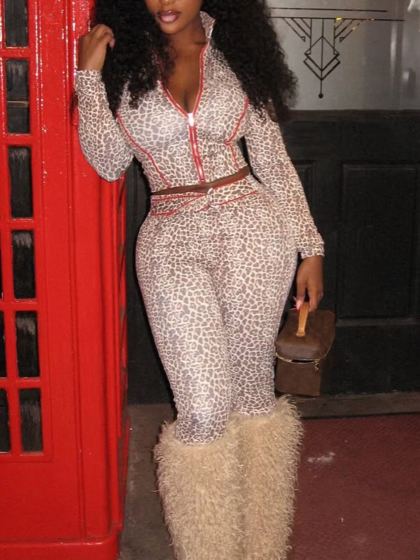 Women Bodycon Leopard Print Zippered Top and Pants Two-Piece Set