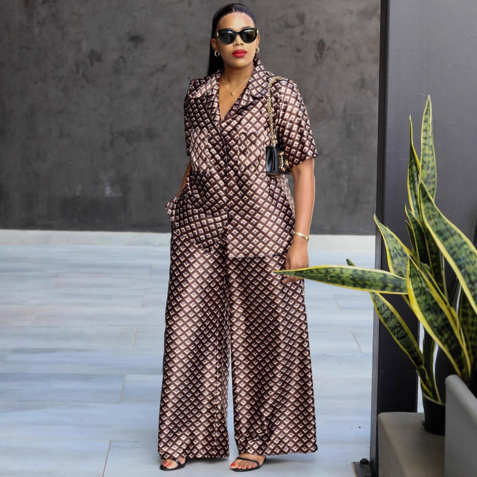 Women houndstooth short-sleeved turndown collar shirt and two-piece pants set