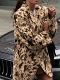 Women Fall Career Brown Printed Long-Sleeved Blazer Coat