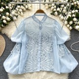 Women Stand Collar Lantern Sleeve Embroidered Openwork Lace Crop Top
