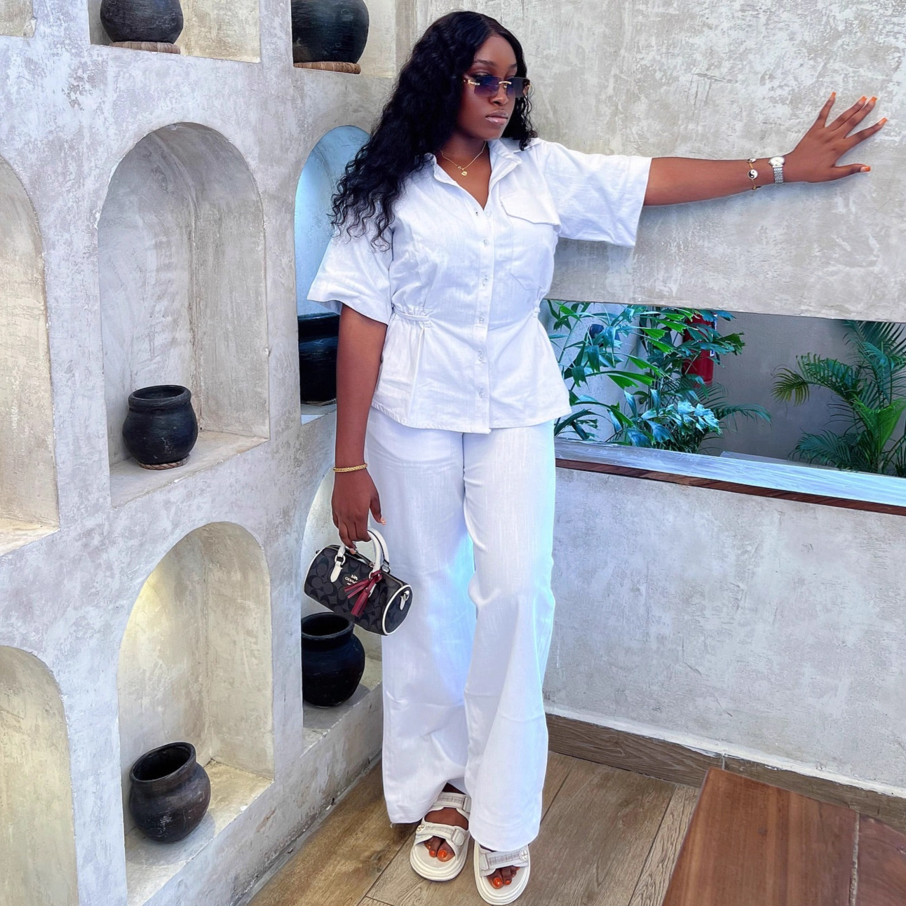 Women Solid Turndown Collar Short-Sleeved Cardigan Shirt and Casual Pants Two-Piece Set (African Trendy Two-Piece Set)