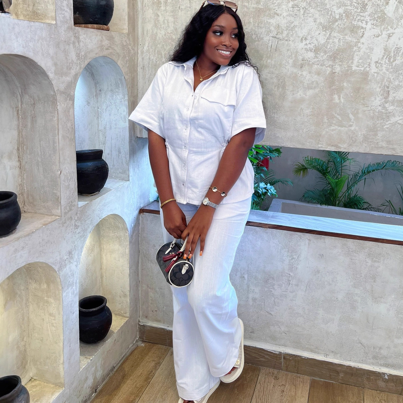 Women Solid Turndown Collar Short-Sleeved Cardigan Shirt and Casual Pants Two-Piece Set (African Trendy Two-Piece Set)