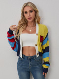 Women Casual Multi-Color Letter Sweater Stripe Contrast Button Long-Sleeved Cropped Jacket