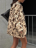 Women Fall Career Brown Printed Long-Sleeved Blazer Coat